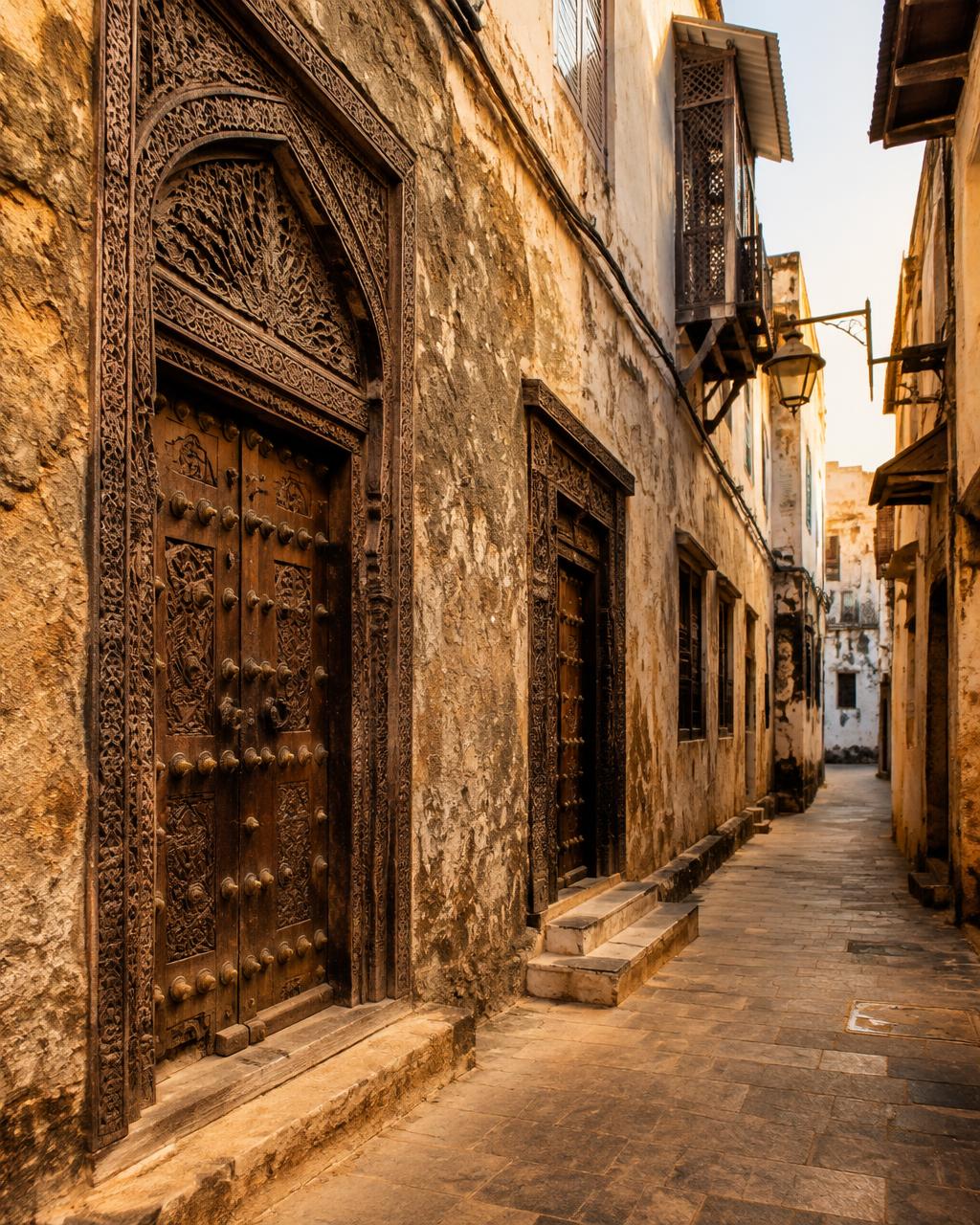 Carved wooden doors in a Stone Town alley